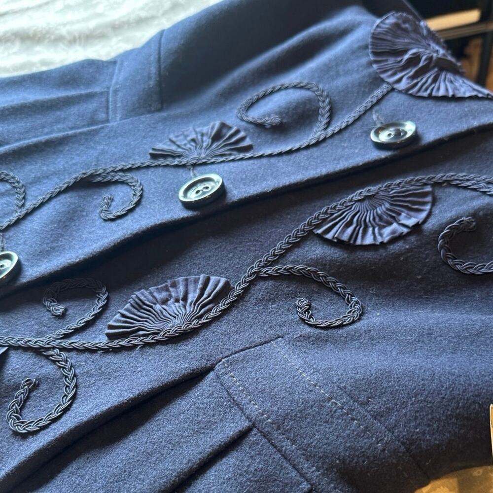 Anthropologie Elevenses Size 6 Navy Wool Blend Embroidered Floral Swing Coat - Picture 6 of 10
